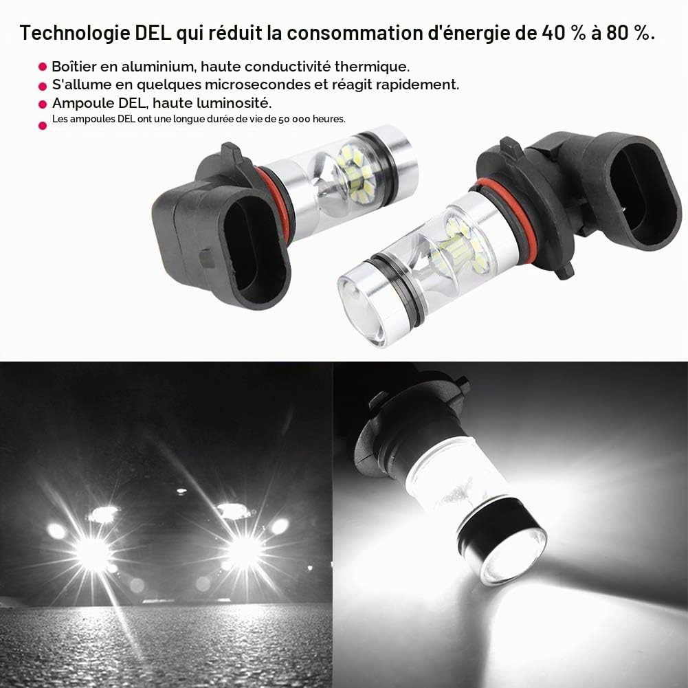Yctze 2pcs Ampoules LED Blanches Haute Luminosité 9006/HB4 100 W pour Phares Antibrouillard pour éclairage Enti Brouillard Feu pour led HB4 Anti erreur Ampoules Antibrouillard de Voiture