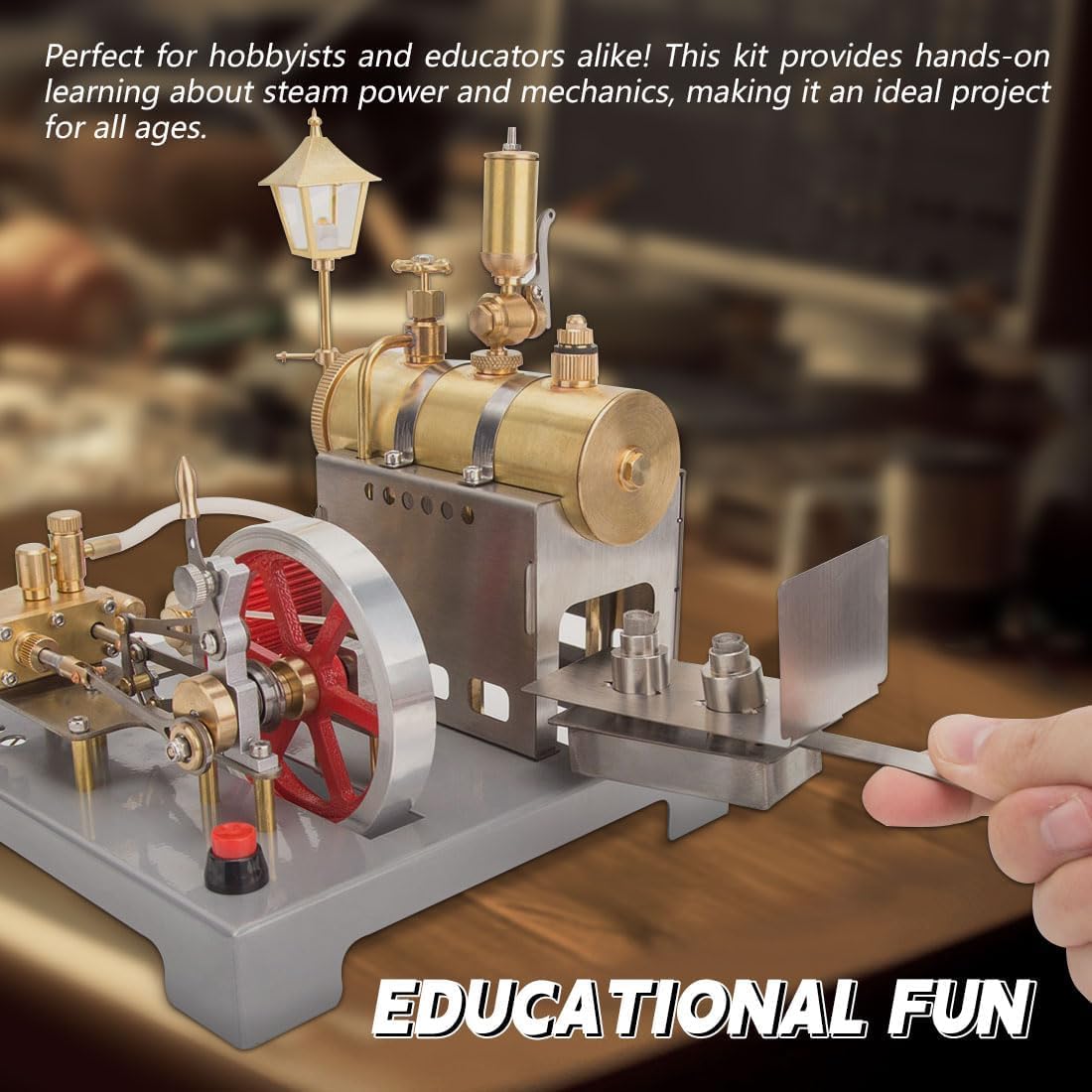 Retrol SE-02 Dampfmaschinen-Modellbausatz, 100-teiliger Vollmetall-Bausatz mit reversibler horizontaler Dampfmaschine, Kessel, Generator und LED-Straßenlaterne für MINT-Bildung und als Geschenkidee