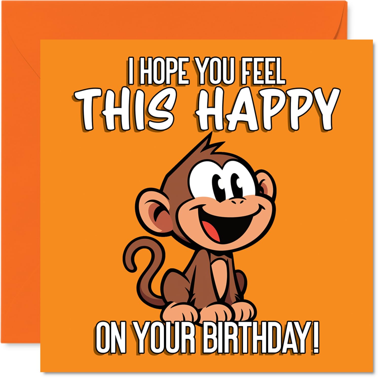 Cute Birthday Card - Bursting with Birthday Cheer - Cartoon Monkey on a Vibrant Orange Backdrop - Sure to Lift Anyone's Spirits - 145mm Square, Envelope Included