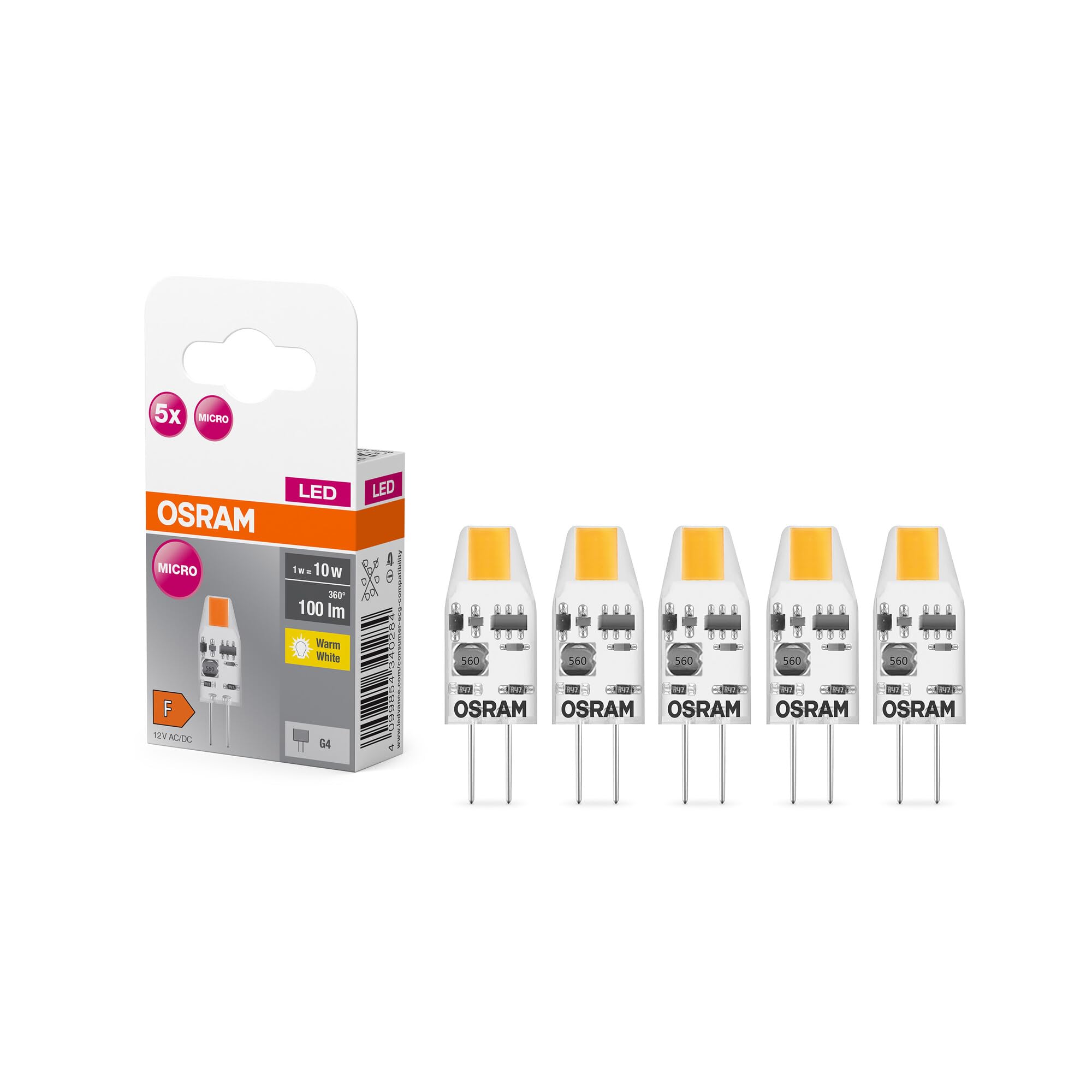 OSRAM LED BASE PIN MICRO, confezione vantaggiosa con 5 lampadine a bassa tensione, sostituisce le tradizionali lampadine PIN speciali da 10W, bianco caldo (2700K), 1W, attacco G4, vetro opaco, non dim