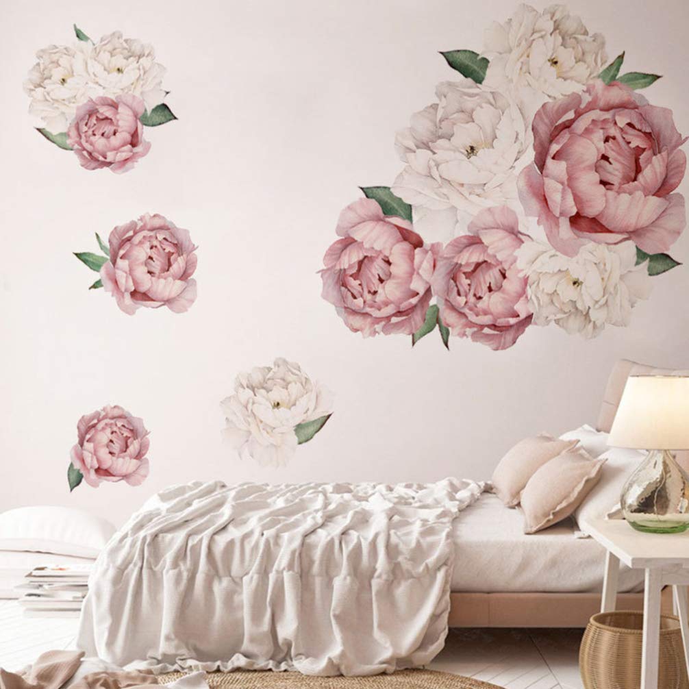 Wakauto Pink,Rose Floral Wall Sticker, Removable Pink Peony Rose Flower Wall Decals Mural Pastoral Style Wallpaper Art Decor For Living Room And Bedroom Tv Background