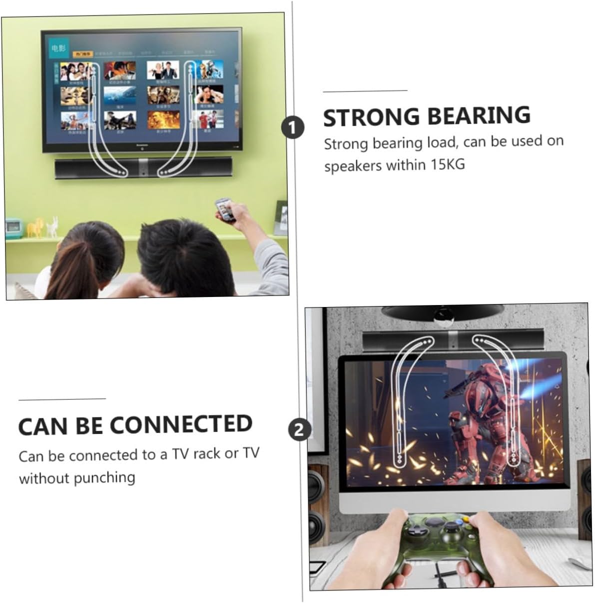 MERRYHAPY 2pcs Soundbar Mount Bracket for Tv No Drill Installation Under Above Tv Supports up to and Soundbars Sleek Design for Clean Home Setup