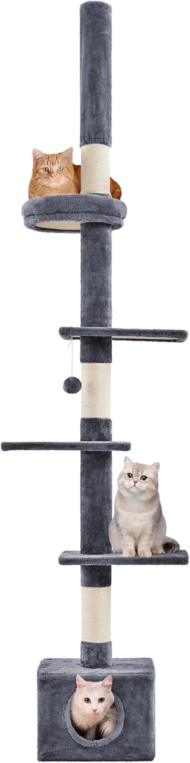 Yaheetech Cat Tree, Floor to Ceiling Cat Tower for Large Cats, 89-104.5in Height Adjustable Tall Climbing Tree w/Scratching Posts, Condo and Perches, Dark Gray