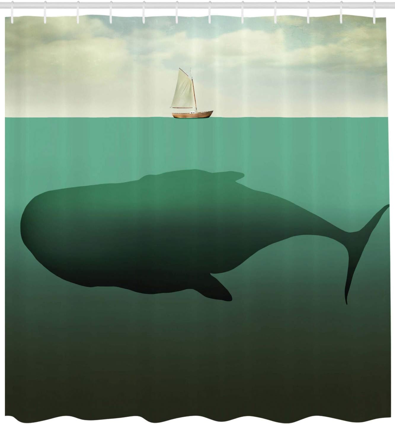 Ambesonne Fantasy Shower Curtain, Surreal Giant Whale in The Middle of Sea and Little Sailboat on The Surface Print, Cloth Fabric Bathroom Decor Set with Hooks, 69" W x 75" L, Green Beige