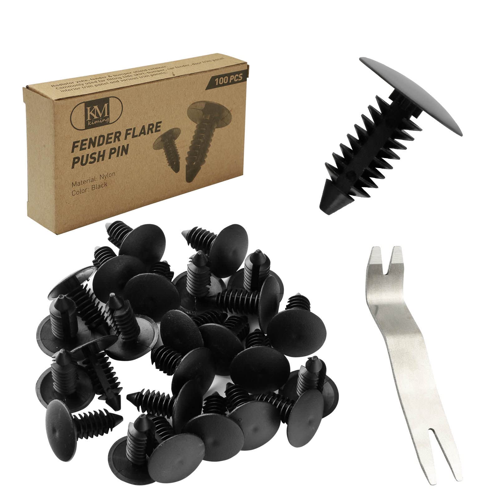 kiMing Fender Flare Push Pin – Premium Retained Pin Set Compatible with 97-21 Jeep Wrangler JL, JK, TJ and 84-01 Cherokee XJ - 6.4mm Universal Retainer Clips with 13cm Nail Remover – 100 pcs Set