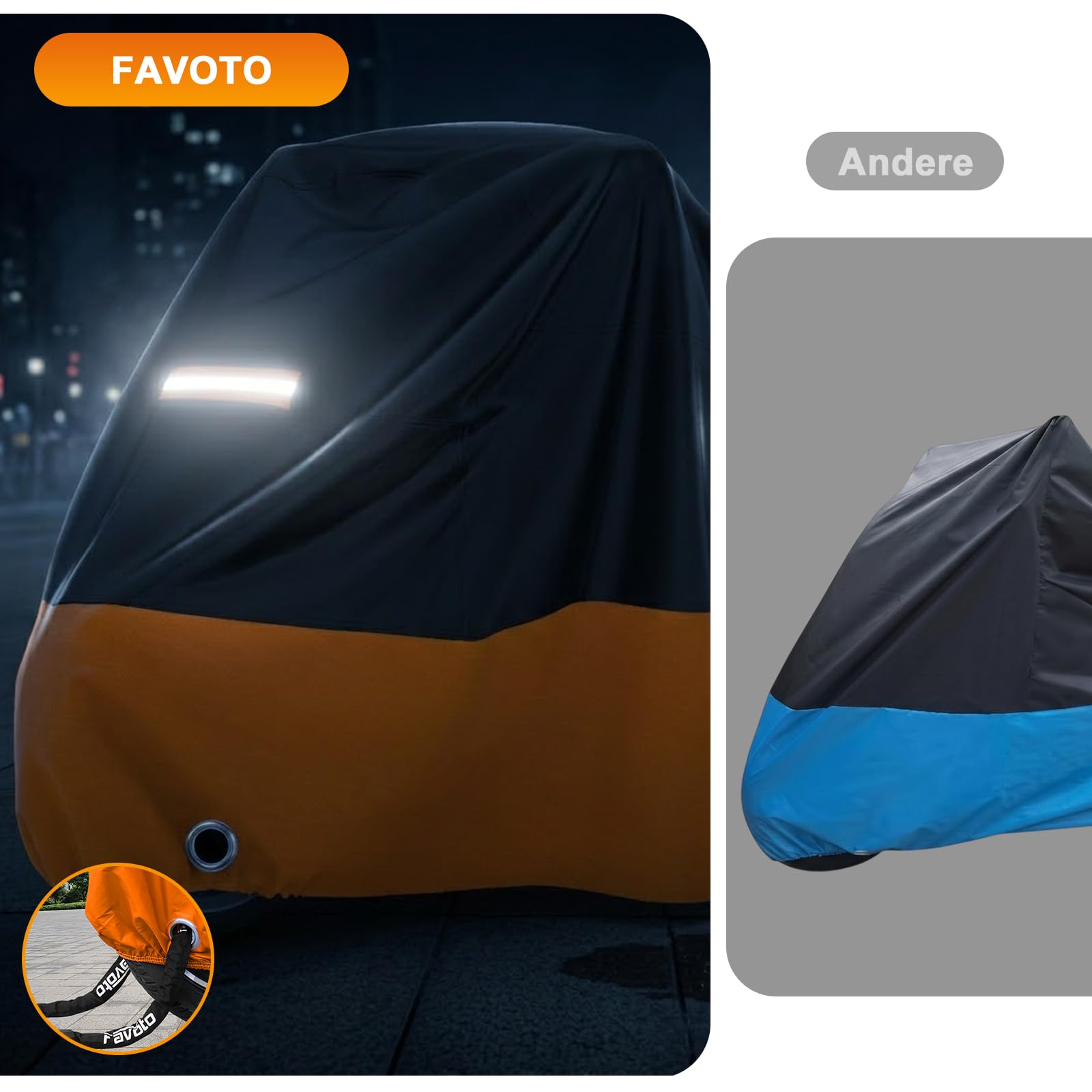 Favoto Telo Coprimoto Impermeabile da Esterno - Copertura XXL Antipolvere e Protezione UV con Foro per Lucchetto e Cinghie Antivento Nero Arancione 245×105×125cm