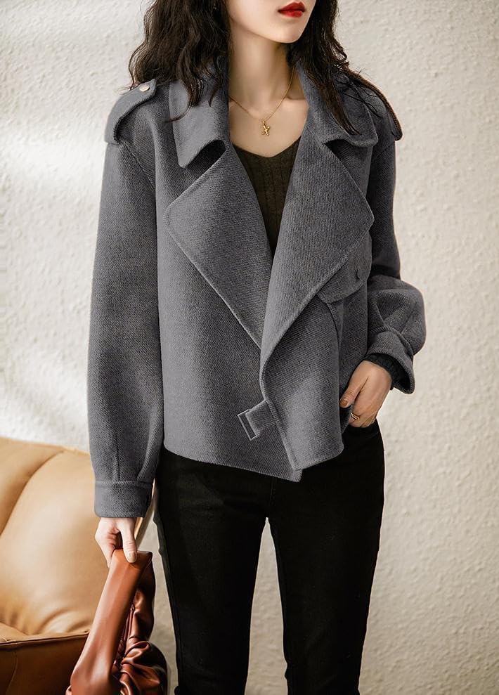 utcoco Women Cropped Wool Coats Notched Lapel Pea Coat Open Front Trench Overcoat Jackets with Pockets - Image 2