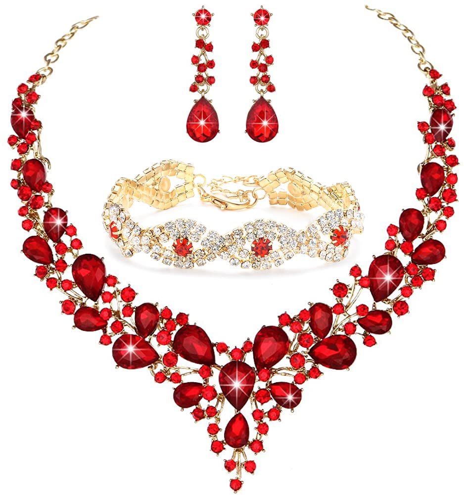 3/4 Pieces Women Jewelry Set Artificial Rhinestone Crystal Bride Statement Choker Necklace Tiara Crown Link Bangle Bracelet Teardrop Dangle Earrings Set