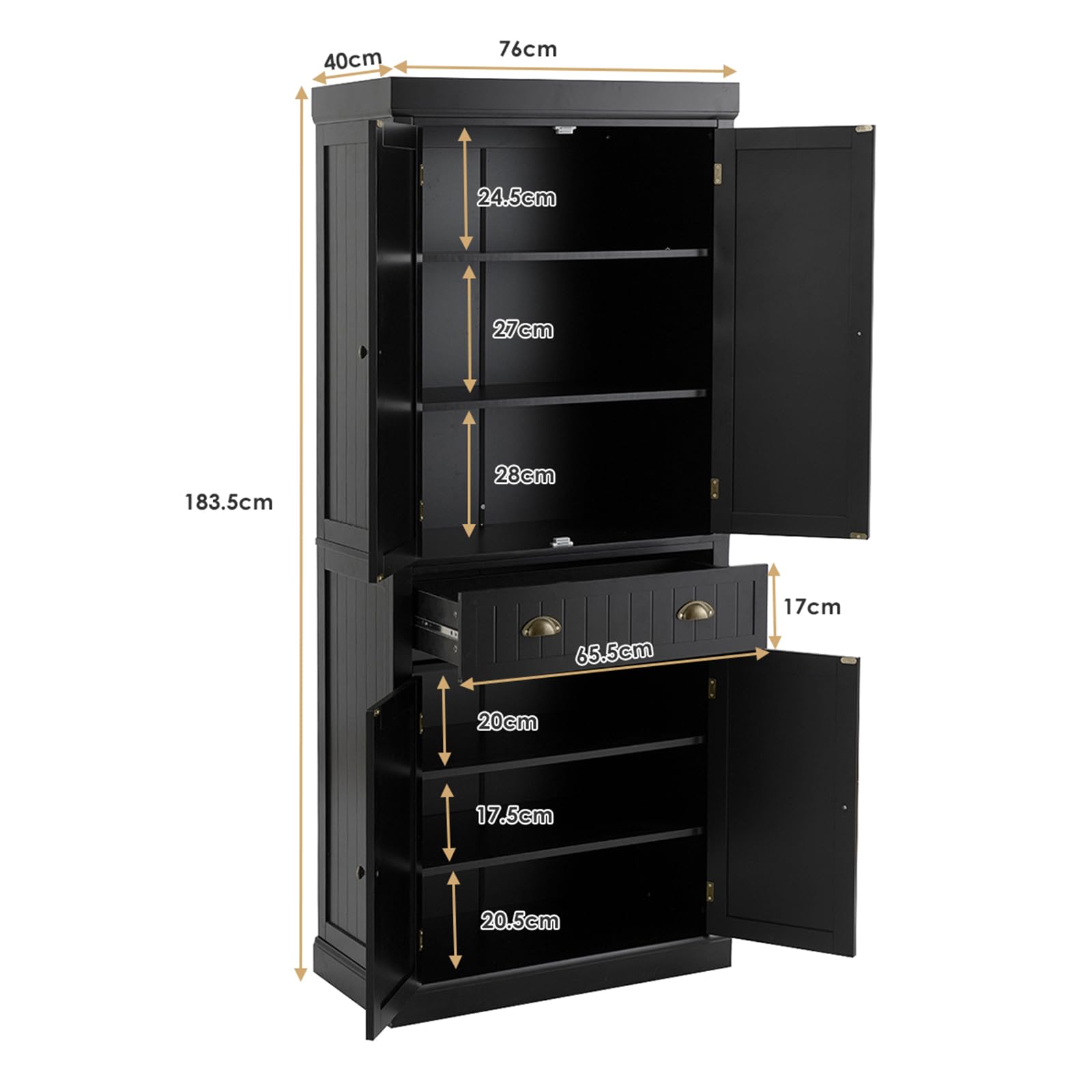 GIANTEX Meuble de rangement pour cuisine, salon, salle de bain avec 1 tiroir et 4 portes, 76 x 40 x 183,5 cm, meuble de rangement pour cuisine, salon et salle de bain, noir
