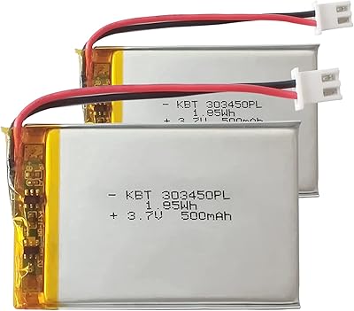 KBT 3.7V 500mAh Li-Polymer Battery: 303450 Rechargeable Li-ion Batteries Replacement with 2.54 JST Connector for Car Dash Camera Recorder, Baby Monitor, Electric Toy, Headlamp, Night Light - 2pack