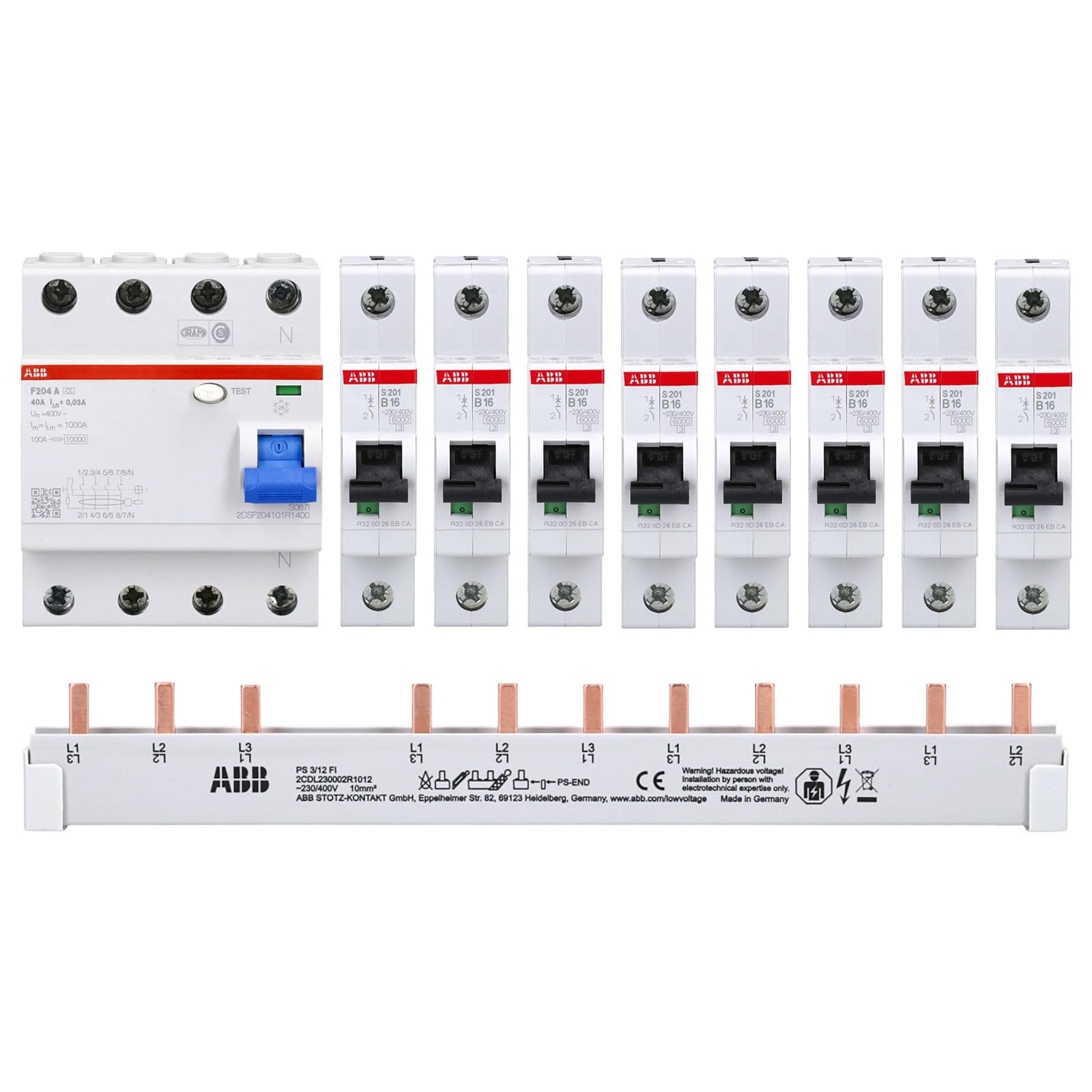 ABB Set 1x FI F204A-40/0,03 + 8x ABB LS-Schalter S201-B16 + 1x PS3/12+FI ablängbar Sammelschiene