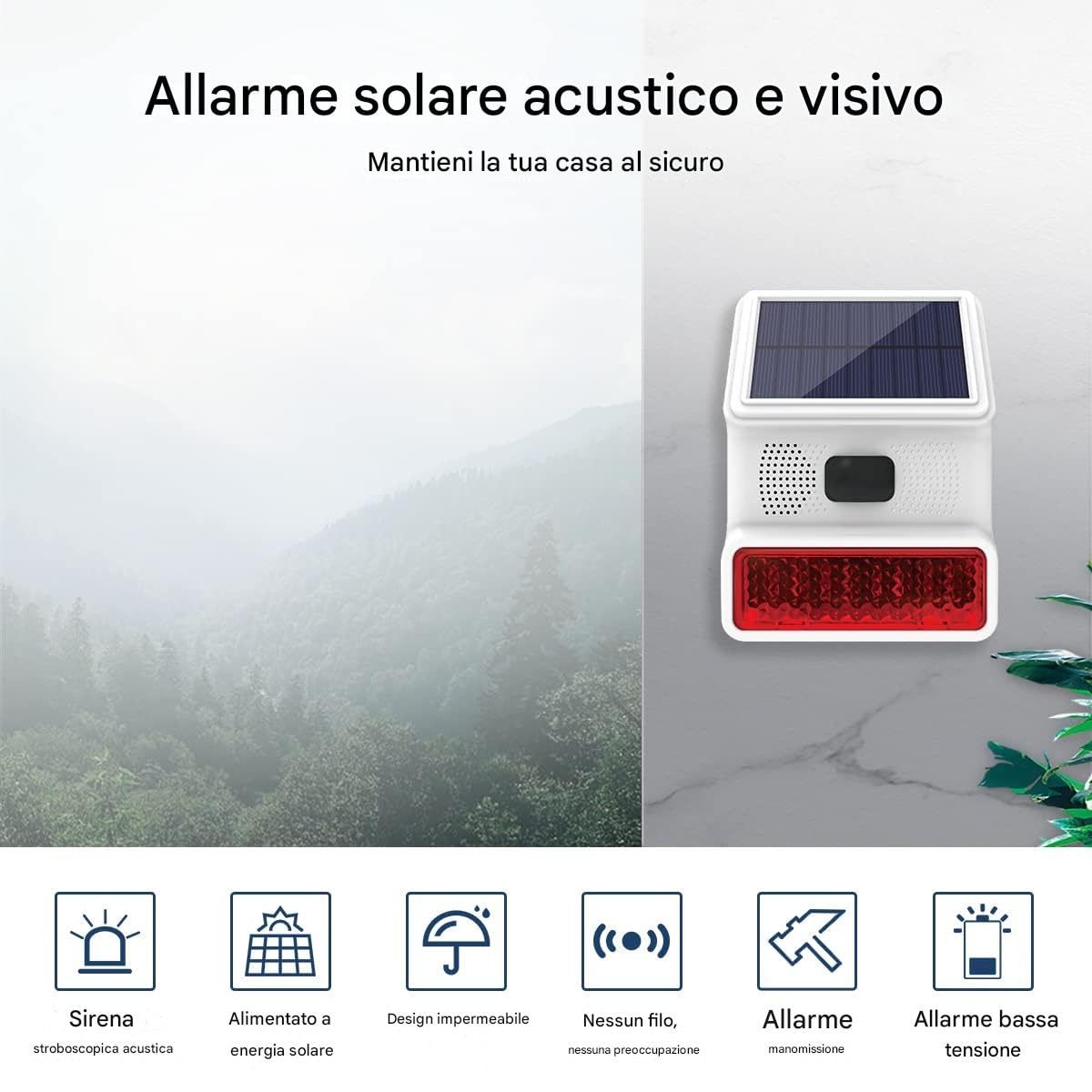 Sirena di Alarme, Sirena da esterno solare con Luce Lampeggiante LED funzionano con sistema di allarme, PG103, PG107, PG108 Compatibile con PE523R
