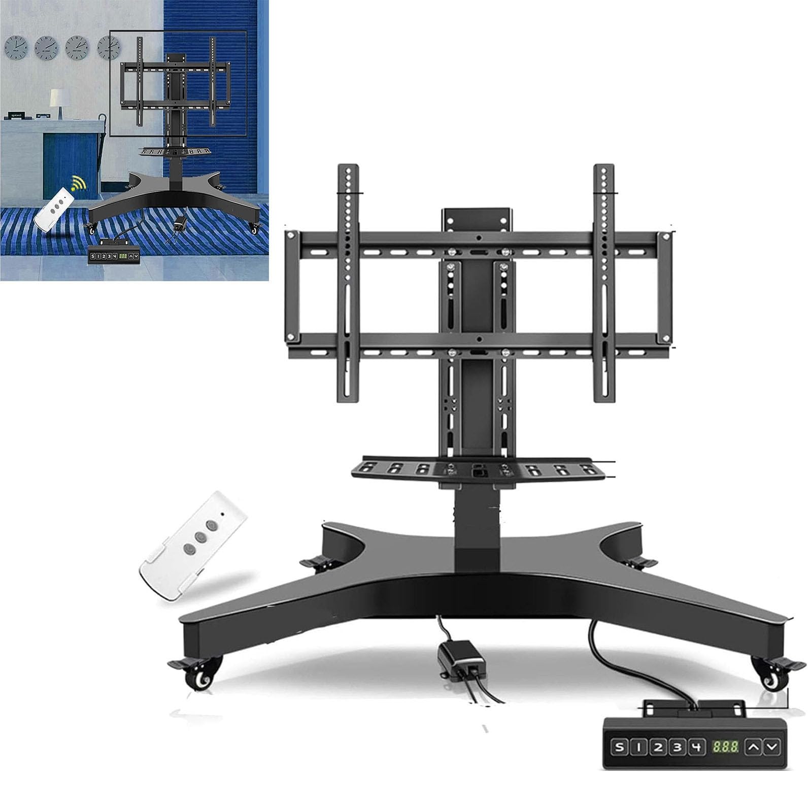 Soporte eléctrico para TV móvil de Altura Ajustable con Ruedas, Soporte de Suelo para TV LCD, Elevador telescópico con elevación automática, función de Memoria de Altura de 3 Niveles, Soporte rodante