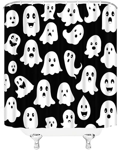 Miniatura 2 de Cortina de ducha de fantasmas de Halloween, espeluznante, linda, divertida, fantasmas de dibujos animados, blanco y negro, para niños, niños, niños,