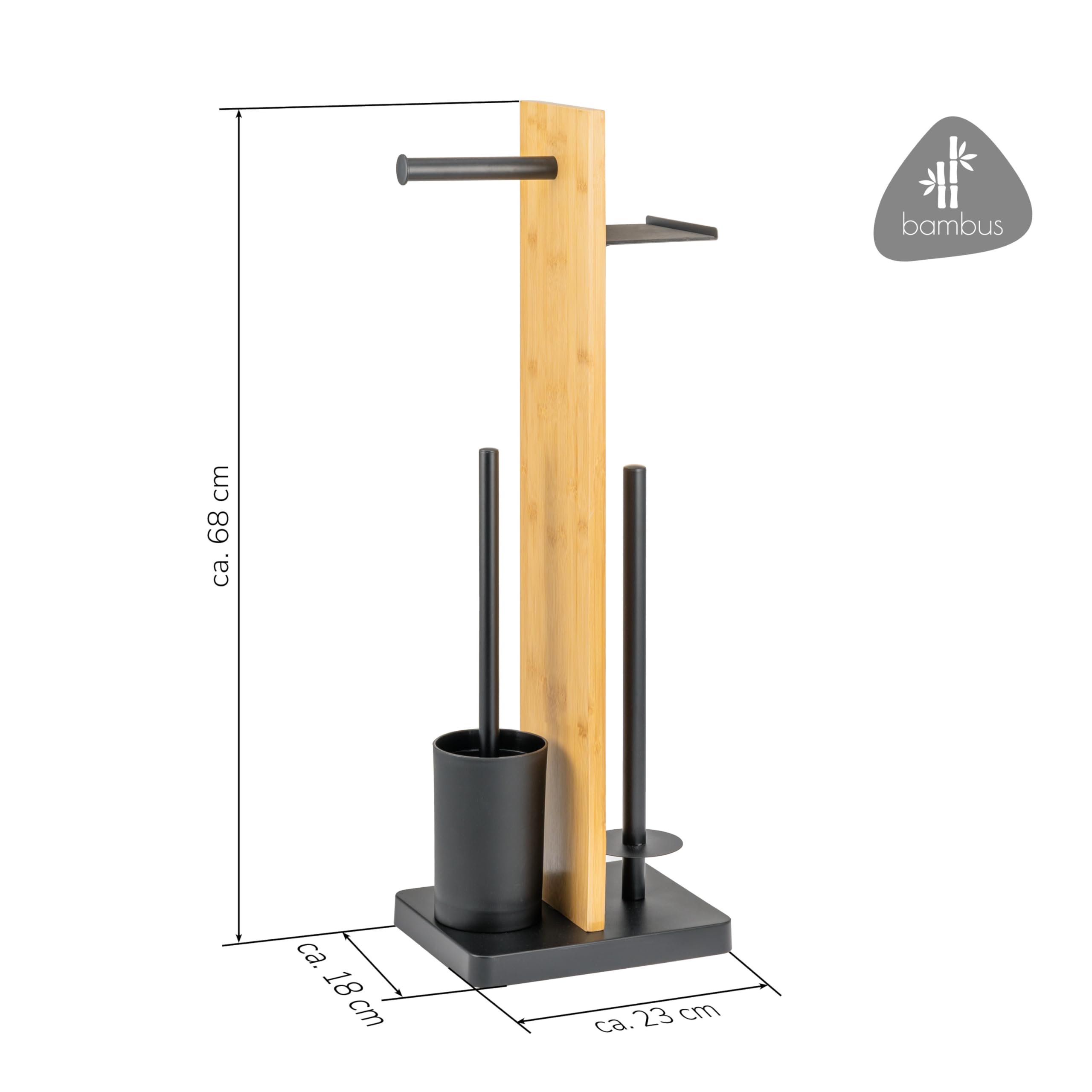 eluno Set per WC a pavimento 4 in 1, scopino per WC, porta rotolo, ripiano, bambù/metallo (nero)
