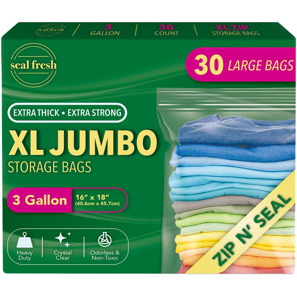 3 Gallon Large Plastic Storage Bags – 16" x 18" (30 Count) – Reusuable XXL Extra Large Heavy Duty Clear Jumbo Freezer Zip Bags with Sealable Zipper Top For Clothes, Travel, Moving