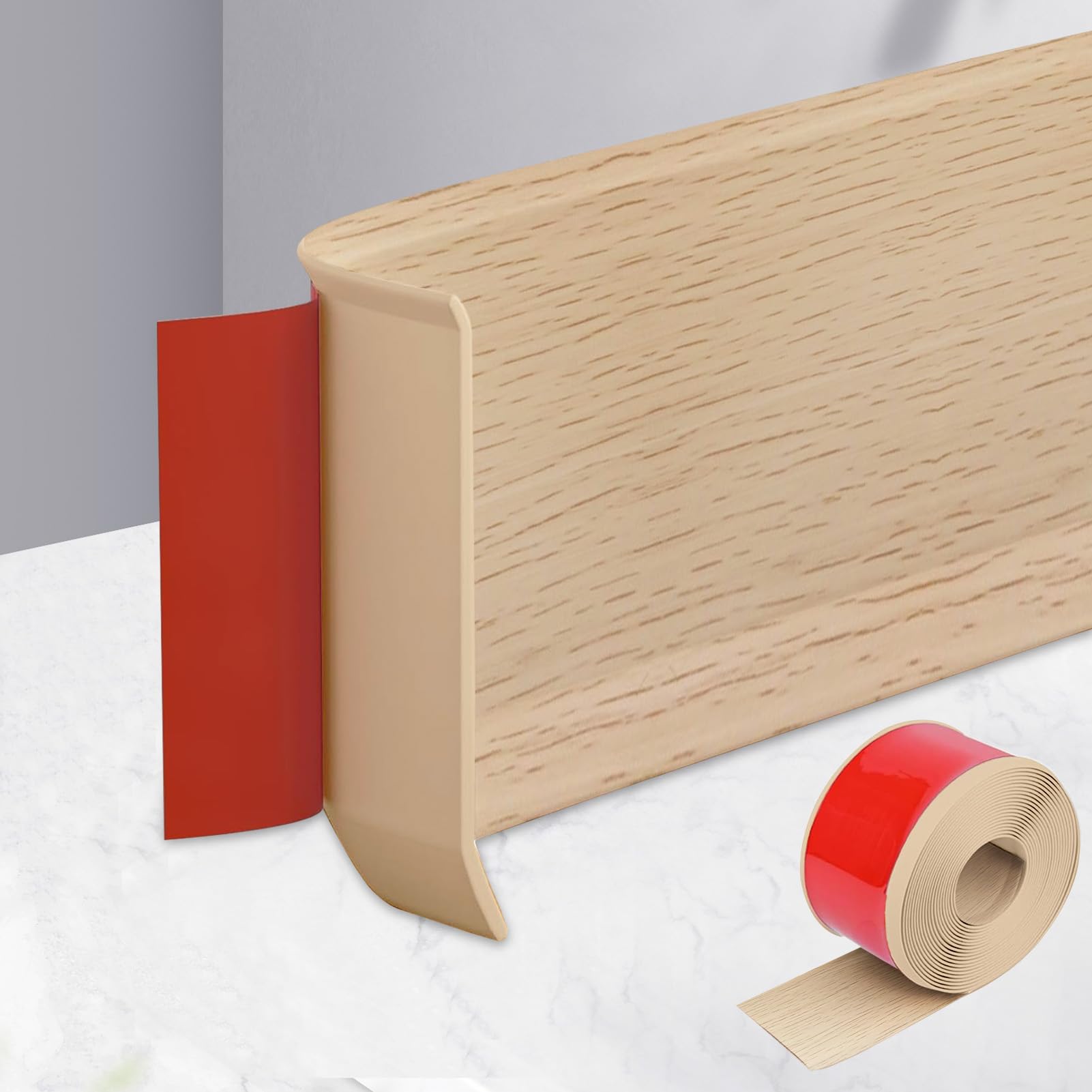 MeYuxg Soft Skirting Board, Self-Adhesive, PVC Skirting Board, Kitchen, 8 cm x 3 m, Kitchen Wall End Strip, Decorative Transition Rail for Living Room, Bedroom (Maple Grain)