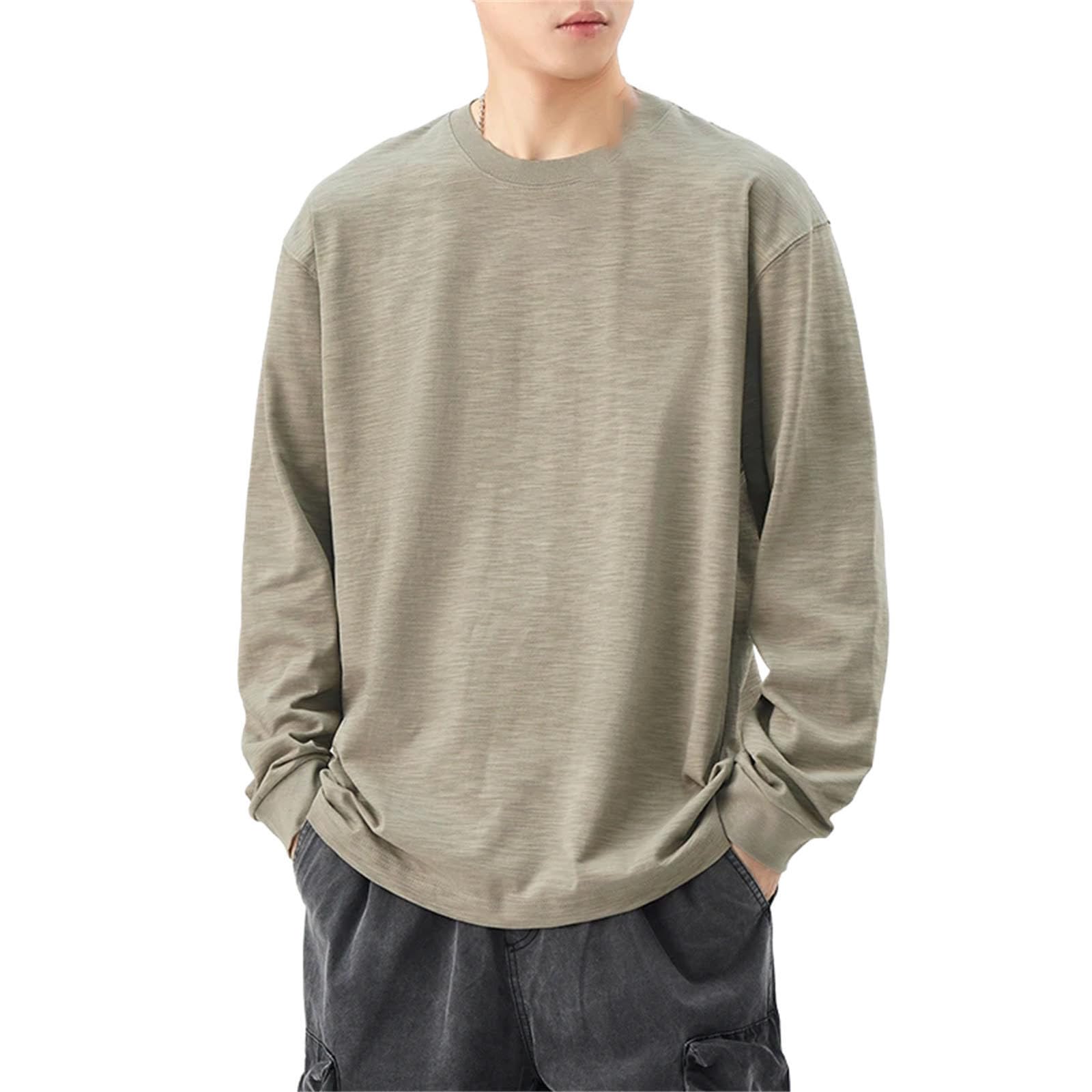 Maglietta da uomo in cotone fiammato pesante, a maniche lunghe, girocollo, ricamato, oversize, casual
