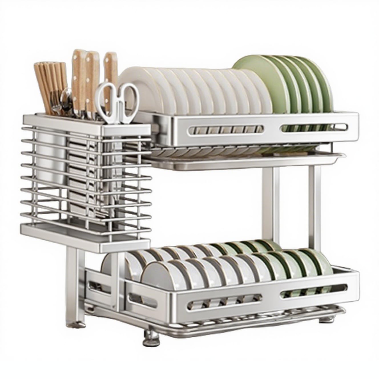 TentHome Egouttoir Vaisselle INOX Pliable Égouttoir à Vaisselle avec Bac Étagère Cuisine Sechoir Support Porte Ustensiles Cuisine Accessoires, Seche Rangement Vaisselle Casiers et Supports