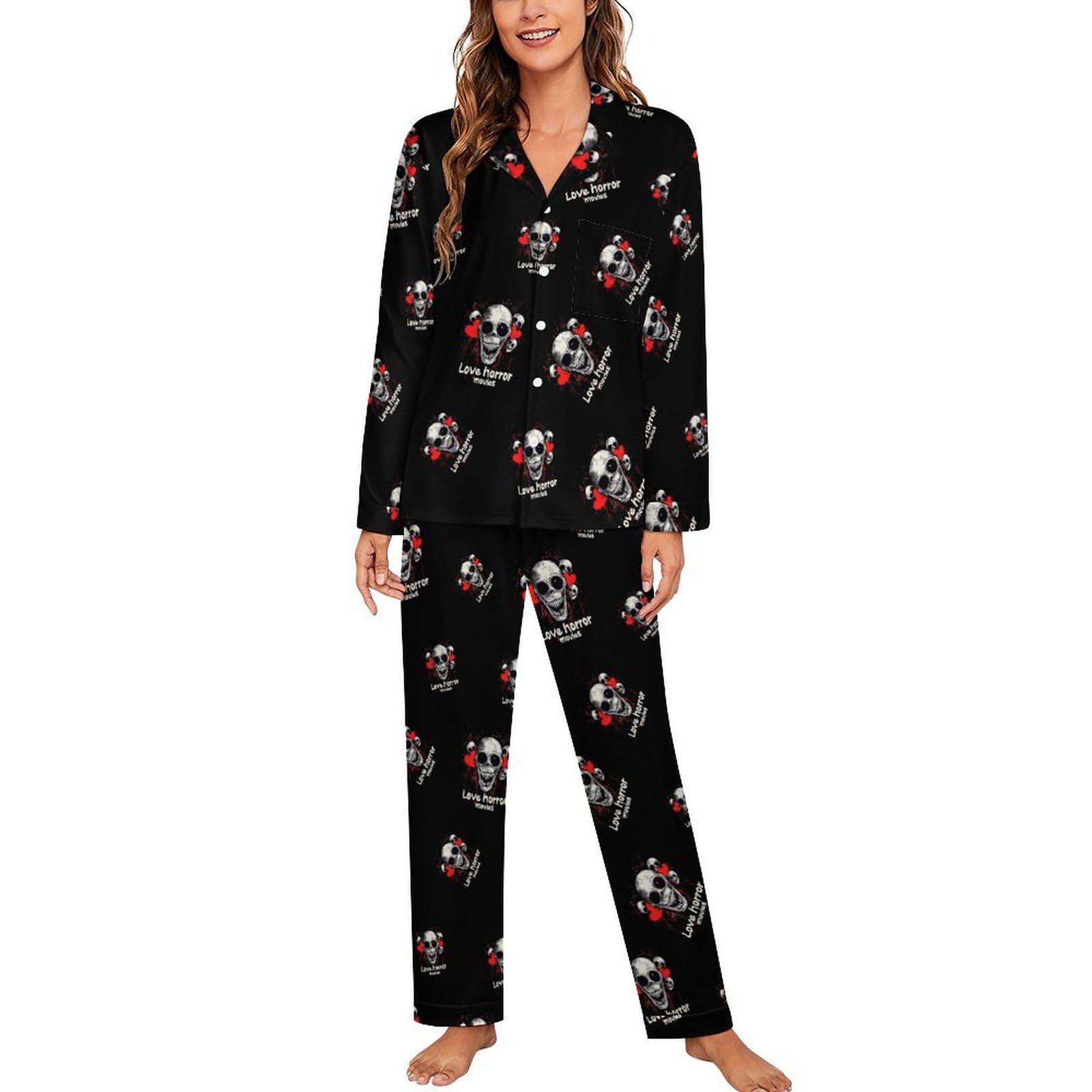 peiyeety I Love Horror Movies Printed Women's Long Sleeve Pajama Set Soft Lounge Pjs Sleepwear