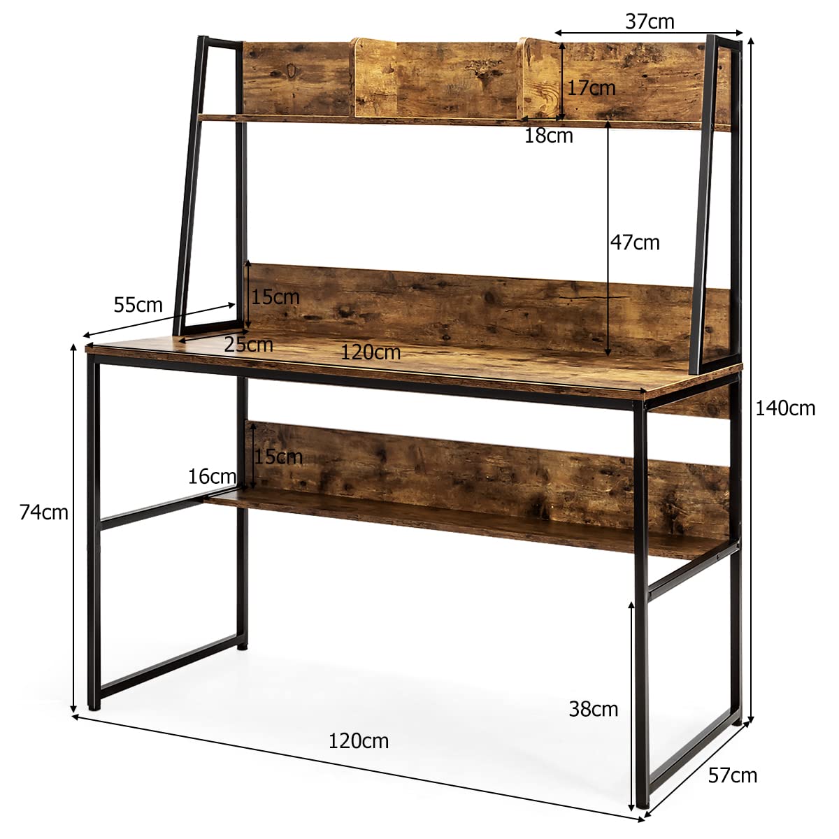 Giantex Escritorio para Ordenador, Mesa de Trabajo con Estantería y 3 Compartimentos, Superficie Amplia y Patas Ajustables, Ahorra Espacio, para Oficina, Estudio y Casa, 120 x 57 x 140 cm (Café)