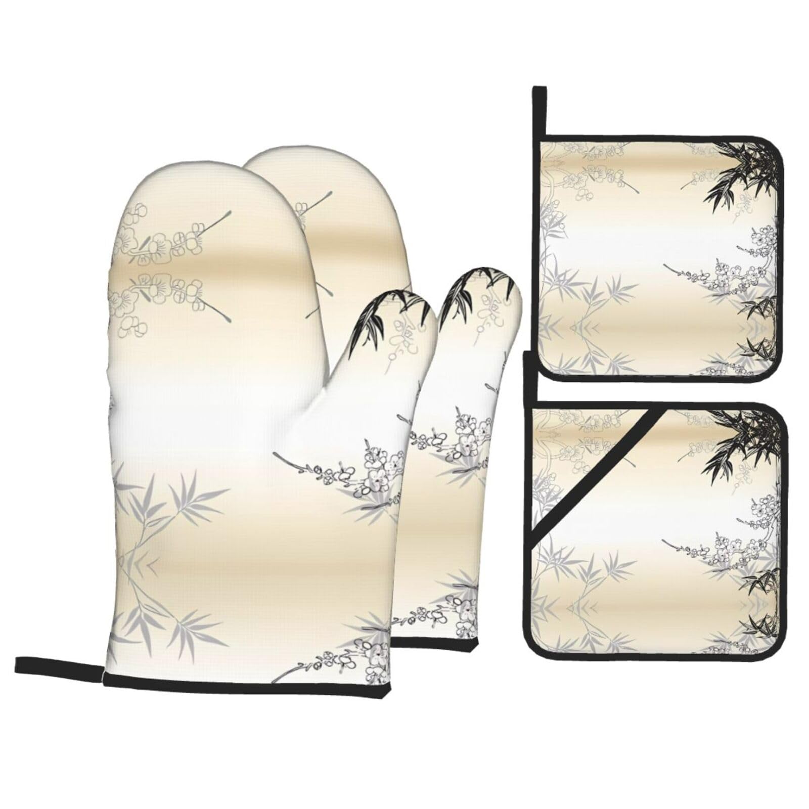 YYHHAOFA Bamboo and Cherry blossoms Tree Zen Prints Kitchen Baking Set with Heat Resistant Pot Holders & Oven Mitts - Waterproof Layer for Hot Dishes, Grill & Microwave