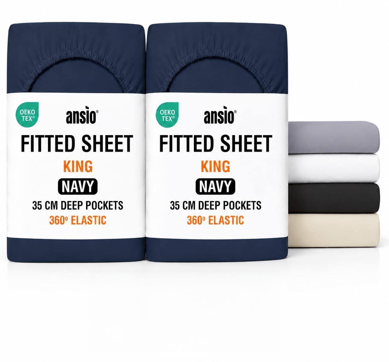 ANSIO® King Size (2 Pack) Fitted Sheet Soft Brushed Microfibre Fabric – Extra Deep Pocket 35cm – All-Around Elastic – OEKO-TEX Certified – Easy Care & Naturally Smooth After Wash - Navy