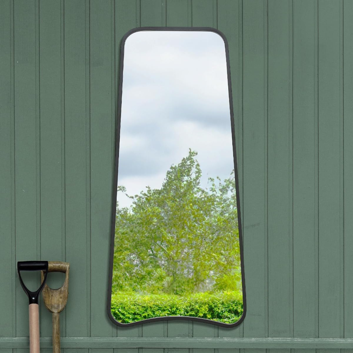 MirrorOutlet The Coartans - Black Metal Isosceles Trapezoid Framed Garden Wall Mirror 48" X 23" (122CM X 58CM) Extra Large.