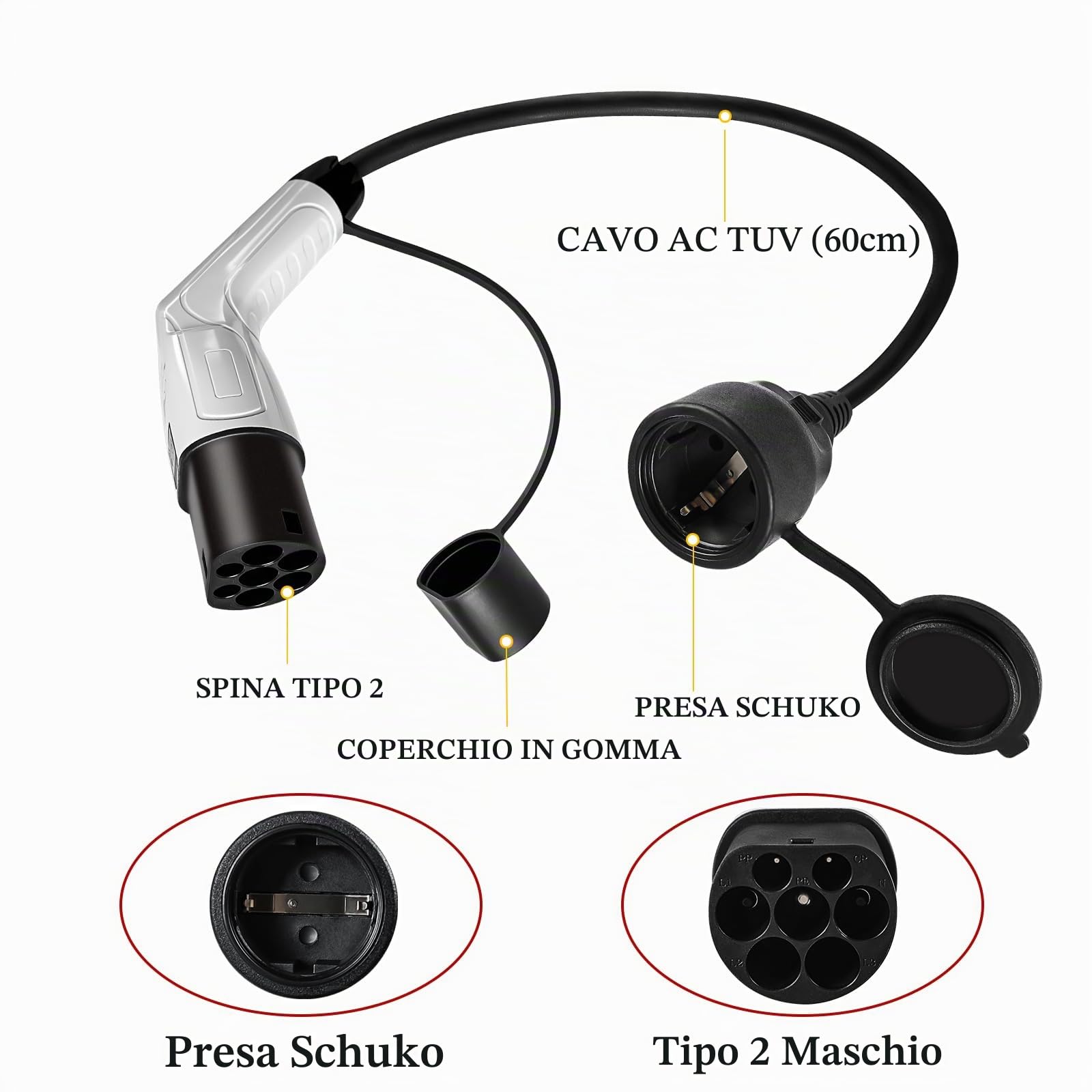 Adattatore Tipo 2 a Schuko, 3,5 kw 16A 0.7M 250V, Adattatore per Cavo di Ricarica EV Tipo 2 su Schuko, per e-Bike, e-Scooter, e-Moto, Non per V2L