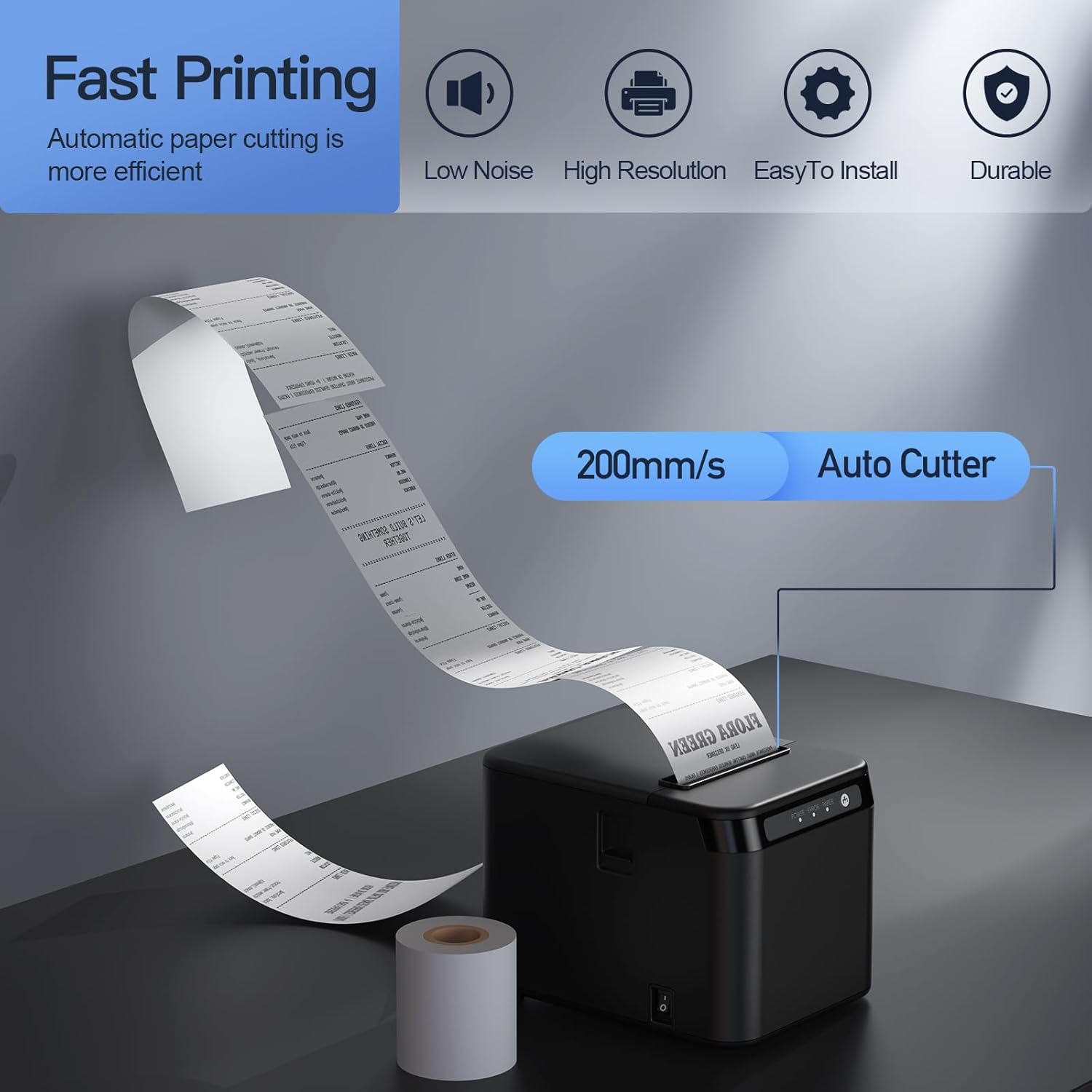 BISOFICE 80mm Receipt Printer showing fast printing at 200mm/s with auto cutter, highlighting low noise, high resolution, easy installation, and durability.
