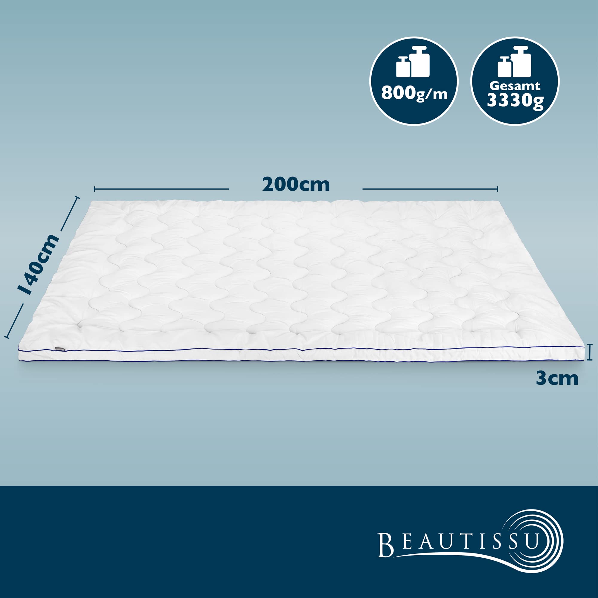 Beautissu Matratzentopper mit integriertem Spannbezug Boxspringbett Höhe | 140x200cm Matratzen Topper Matratzenauflage 3 dick rutschfest Matratzenschoner 140x200 MT Base