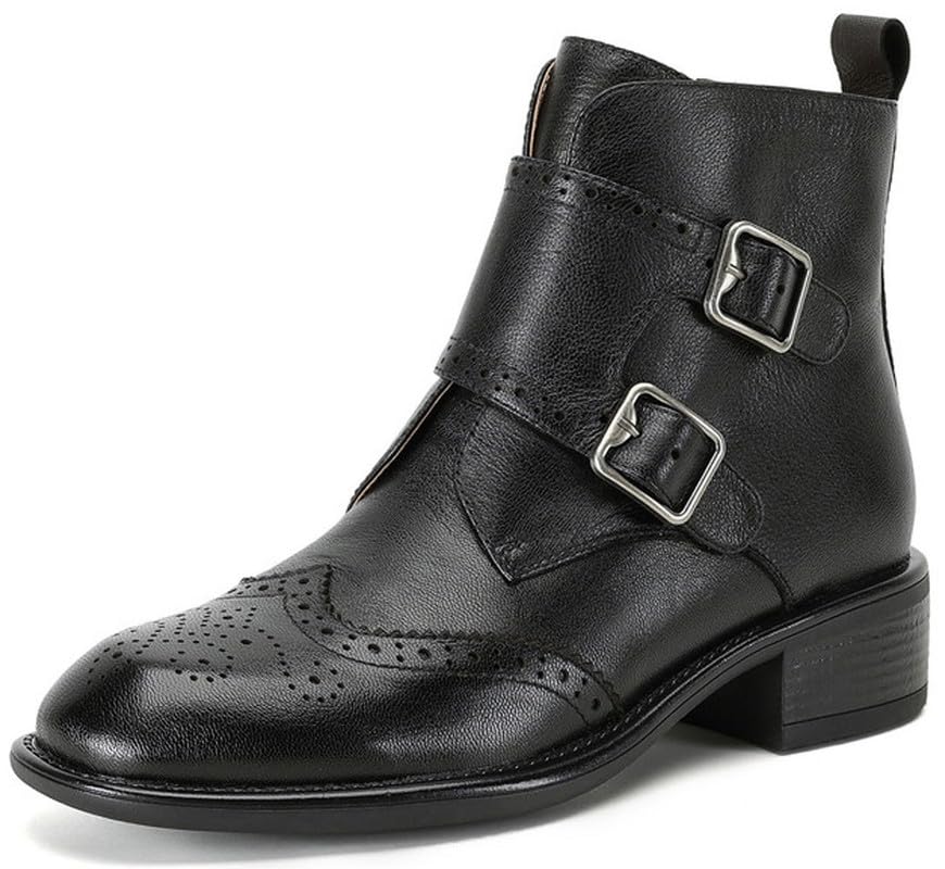 U-lite Womens Leather boots Monk Strap Deign Oxfords Booties Double Buckles Womens Wingtip Side Zipper Ankle Boots