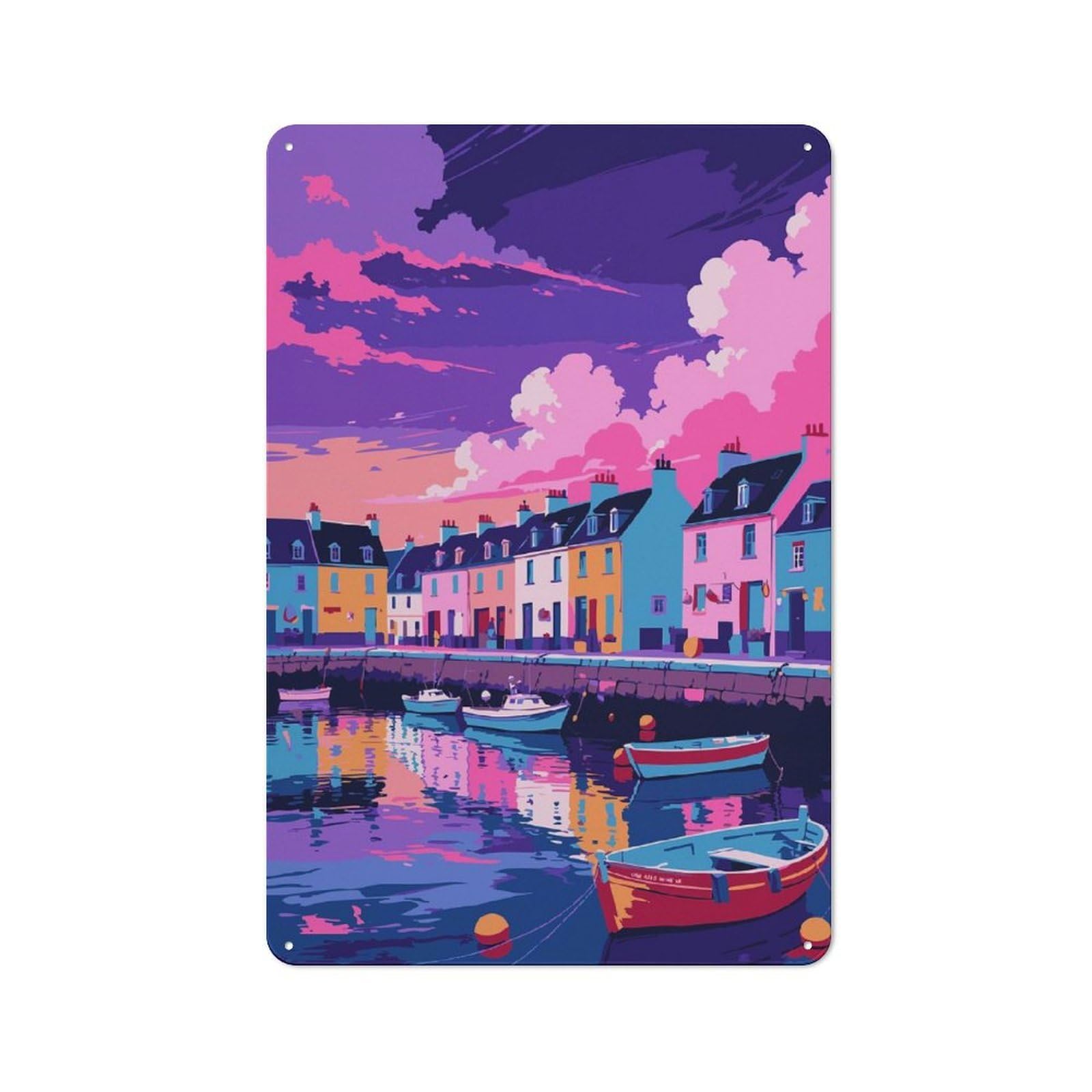 Junmoney Style-8 Colorful Coastal Town With Boats Decorative Metal Plaque 30X20cm, Loft Style Urban Room Decor For Flat, Bar, Studio Or Gallery Wall