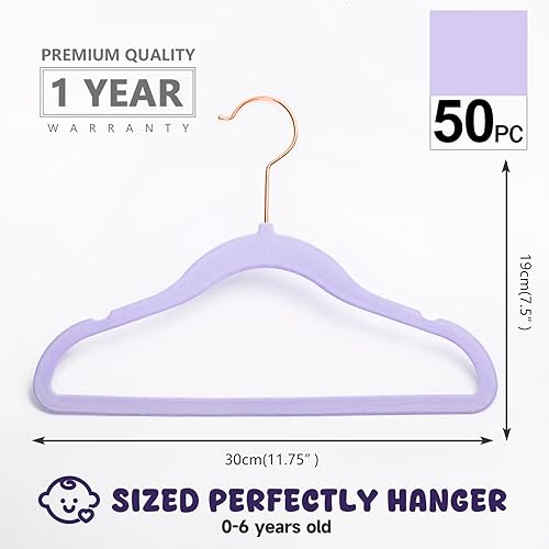 Miniatura 2 de MIZGI Perchas de terciopelo prémium para niños (paquete de 50) con ganchos de cobreoro rosa, ultra finas que ahorran espacio, perchas