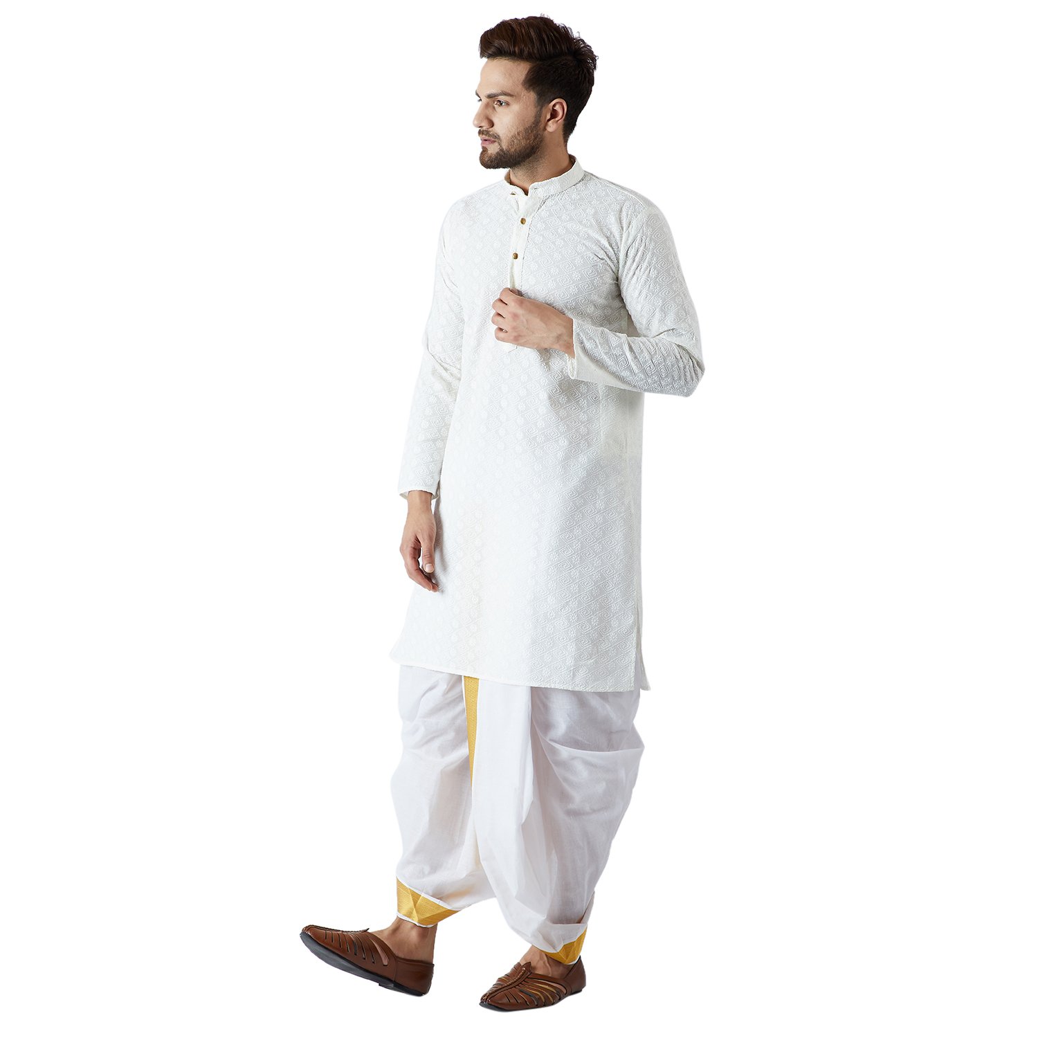 SOJANYA (Since 1958), męski kremowy i biały zestaw z czystej bawełny Kurta Dhoti