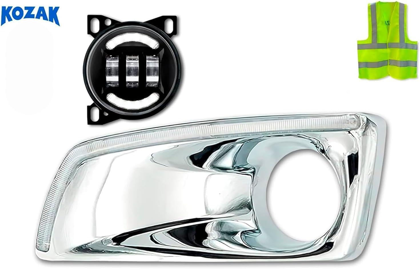 KOZAK Chrome Plastic Fog Light/Lamp Bezel with Built-in LED Light Strip and Black Full LED Fog Light, Left Driver Side, Compatible with Kenworth T660, Includes Logo and Reflective Vest