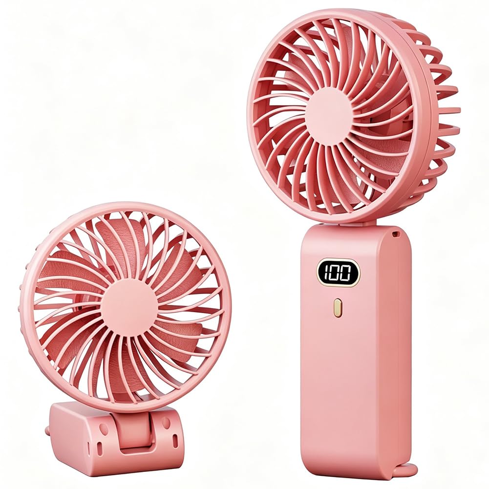 Spiritzohic Hand Held Fan, Portable Handheld Fan USB Rechargeable Fans with 5 Speeds Mini Foldable Fans USB Handheldfan Desk Desktopfan with LED Display for Home Office Travel Outdoor Use(Pink)