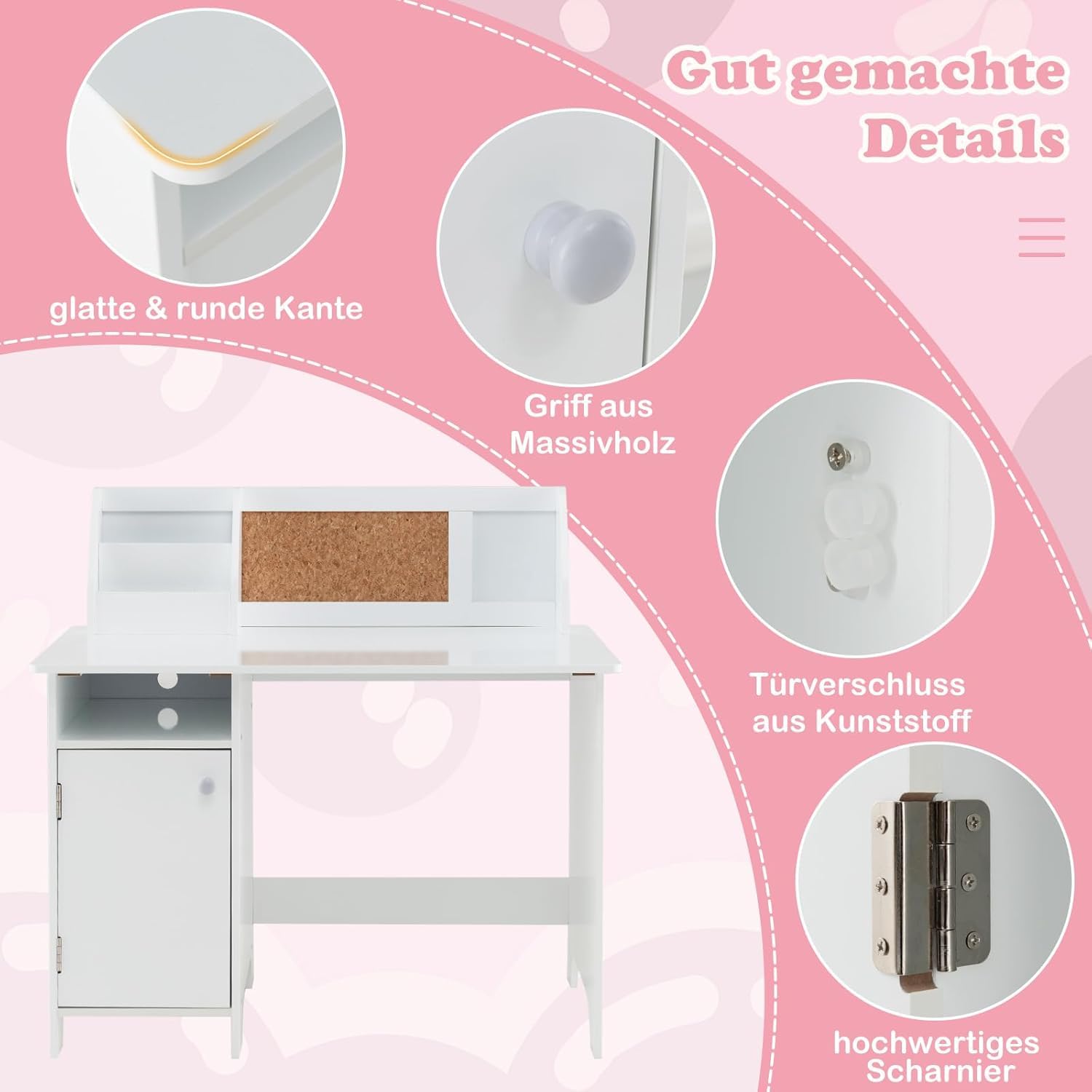 FANTASK Kinderschreibtisch Set, Schreibtisch Kinder mit Stuhl aus Holz, Schülerschreibtisch mit Bücherregal, Schrank & Pinnwand, Jugendschreibtisch für Kinder ab 3 Jahren, Weiß