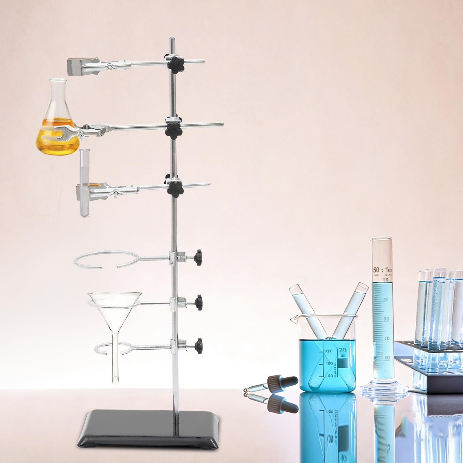 Set di cavalletti da laboratorio con base, 60 cm, in ferro, con 3 morsetti a pistone, 3 morsetti ad anello da 6/8/10 cm e 3 morsetti a croce per chimica e fisica
