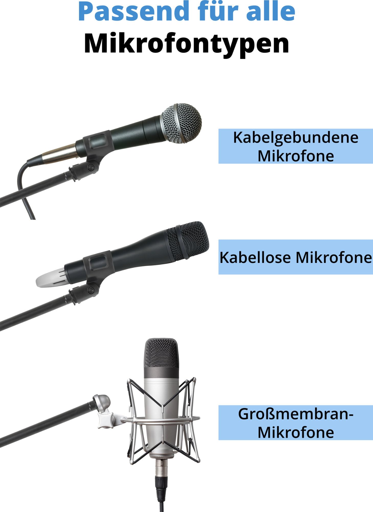 McGrey MBS-01 Support de microphone avec potence et pince - Pied de microphone (bras pivotant, hauteur réglable jusqu'à env. 154 cm, trépied, pinces de câble, longueur de la potence env. 75 cm) noir