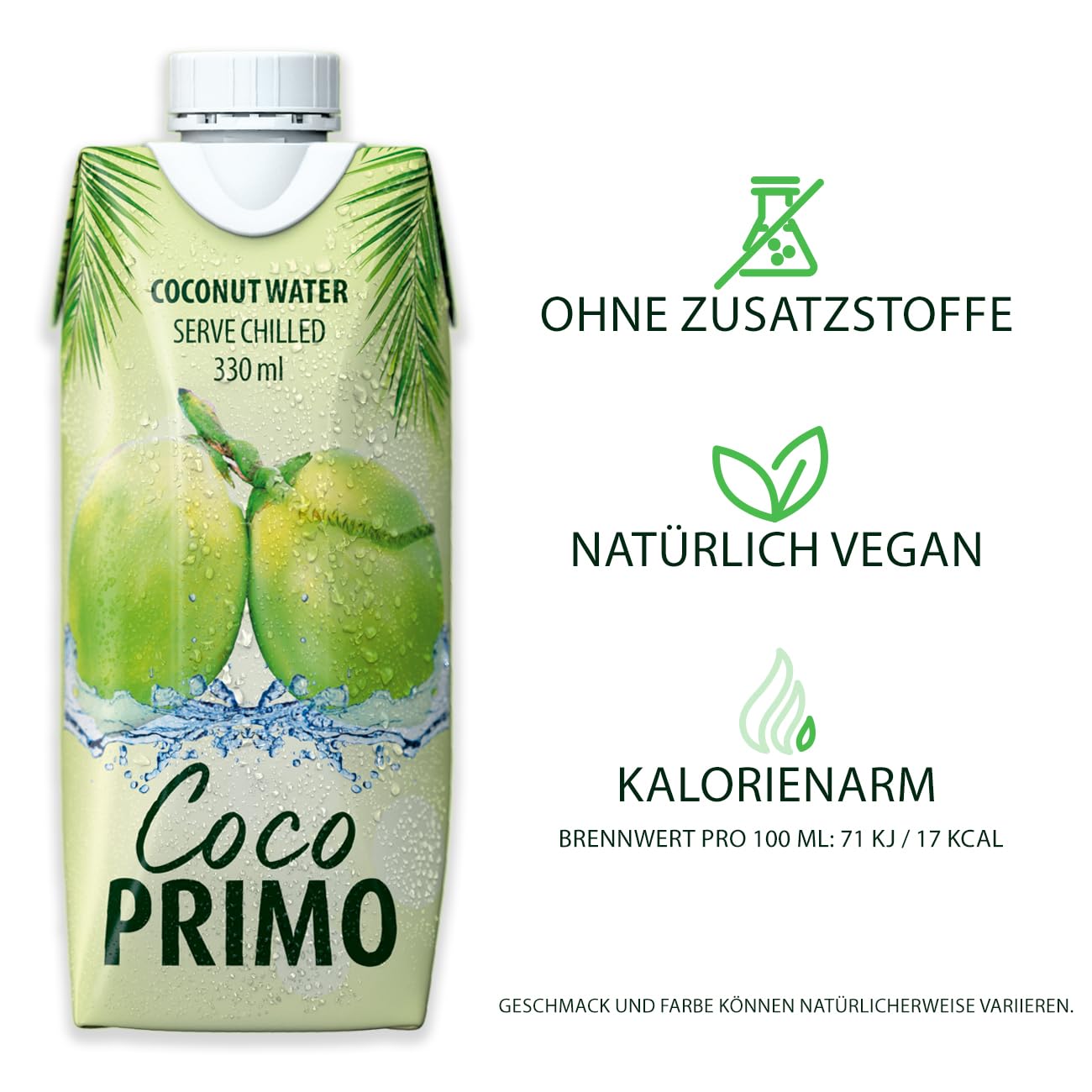 Coco Primo Kokosnusswasser, pur, erfrischendes Sportgetränk, wohltuender Durstlöscher, klein und handlich, kalorienarm, vegan, 12 x 330 ml