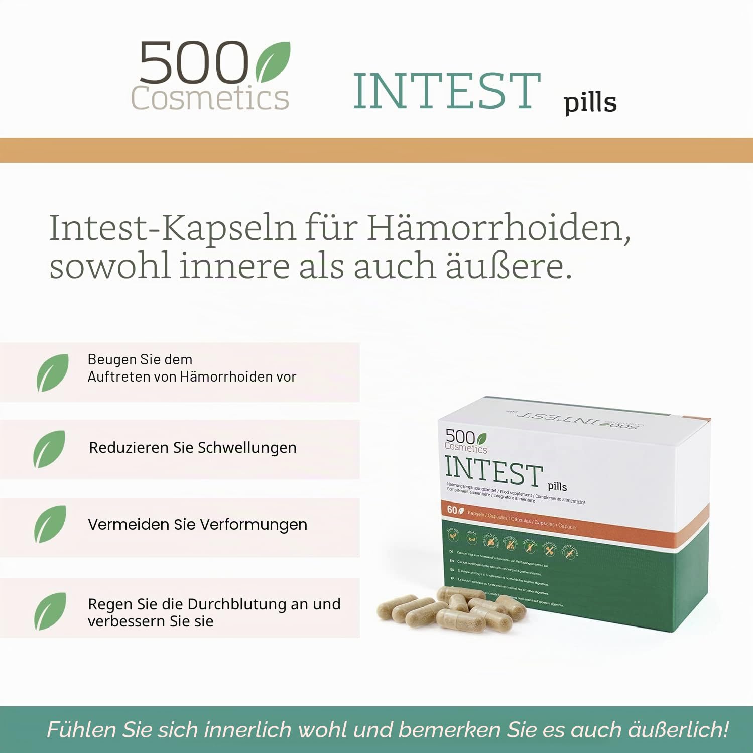 500Cosmetics Intest- Natürliche Kapseln zur Vorbeugung und Vermeidung von Hämorrhoiden – Verbessert die Durchblutung und bekämpft Verstopfungen – Für Mann und Frau. (1)