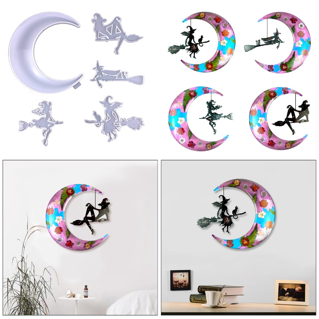 DeryArcle 5Pcs Crescents Moon Resin Mould Witch Epoxy Silicone Moulds 3D Halloween Pendant Casting Mold for DIY Keychain Crafts Home Table Wall Hanging Decoration