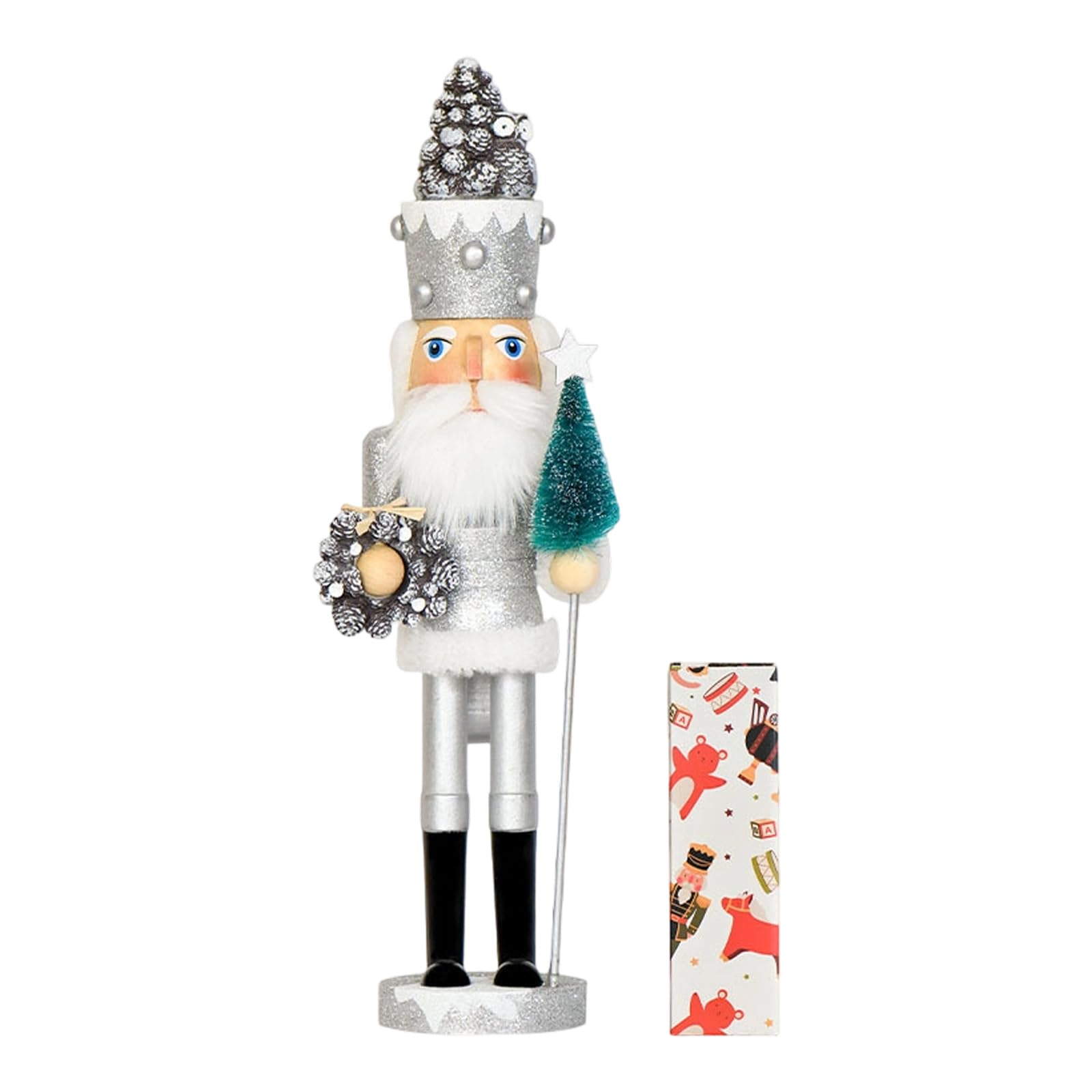 Xinsheinelry Wooden Figure 42cm, Christmas Tree and Silver Wreath for Holiday Decoration Artistic Holiday Ornament