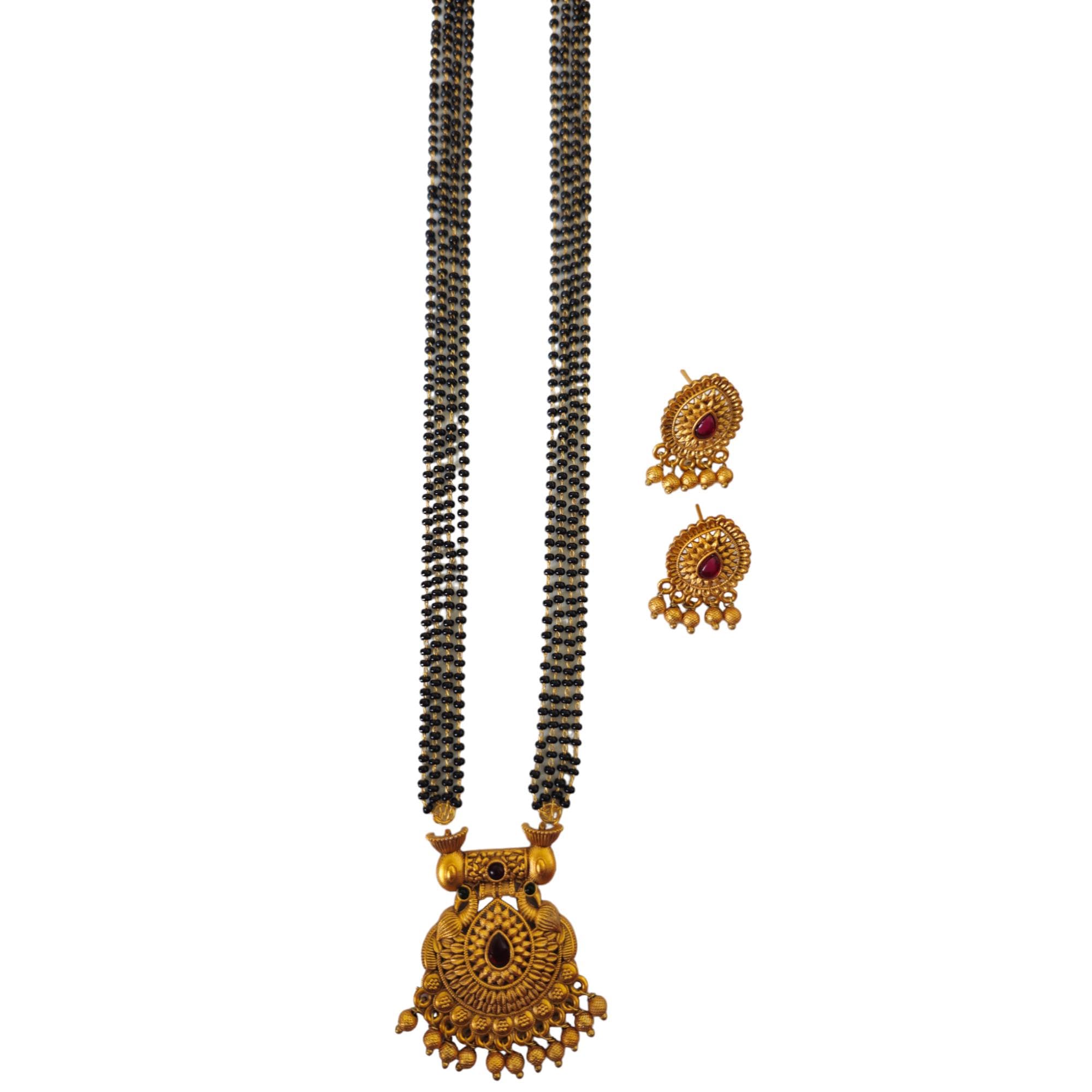 AAIKU Maharashtrian Traditional Temple Polish Pendant and Black Beads Golden Chain and Earrings Set Mangalsutra Pack of 1 for Women Wedding jewellery (36 Inch-4line) (B0DC13TV62) Amazon Price History, Amazon Price Tracker