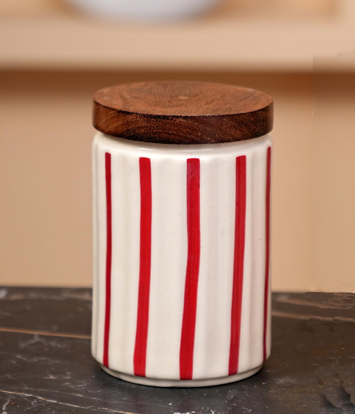 Ceramic Storage Jar with Wooden Lid, Floral Pattern, Airtight Container for Dry Fruits, Cookies, Sugar, Salt, 1000 ML Capacity, Pack of 1 (1, Red Line, Small)