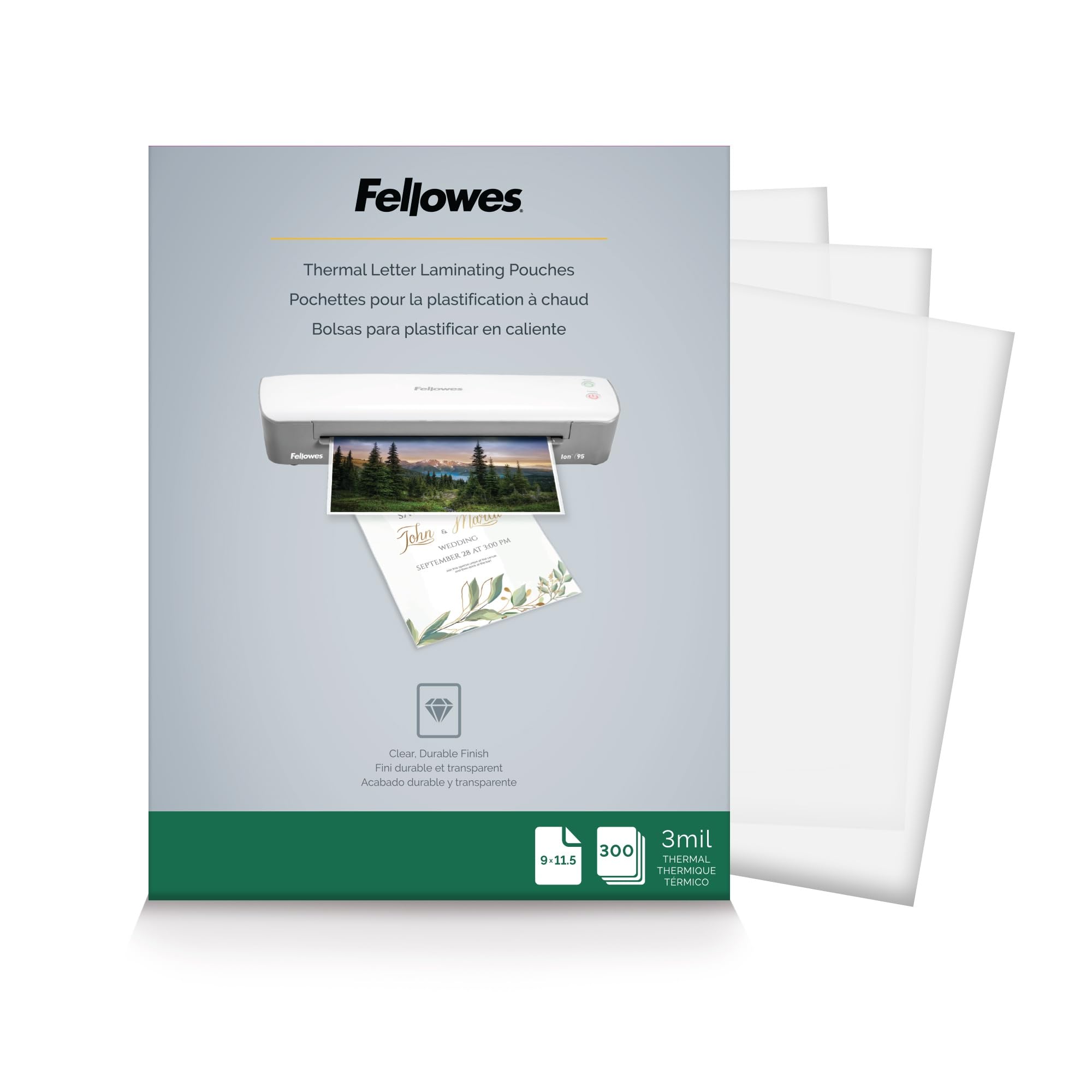 Fellowes Thermal Laminating Pouches, Letter Size Sheets, 3mil, 300 Pack, Clear (5247101)