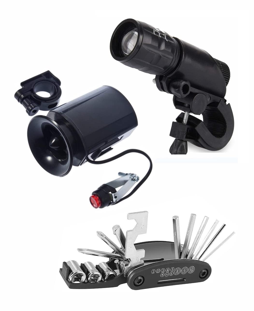 PROTOS INDIA.NET ™ Bicycle Headlight and Bicycle Electric Horn Cycle Tool Kit 16 Function in 1 (Combo)