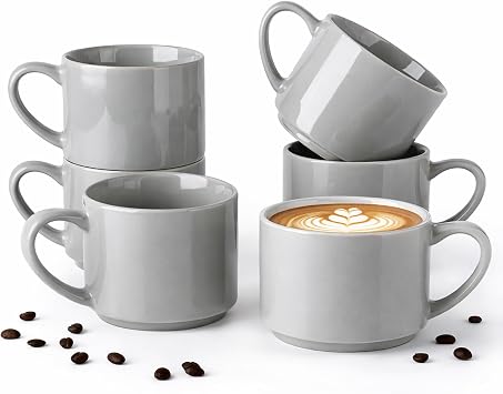 GBhome 14 OZ Coffee Mugs Set of 6, Stackable Gray Coffee Cups Set