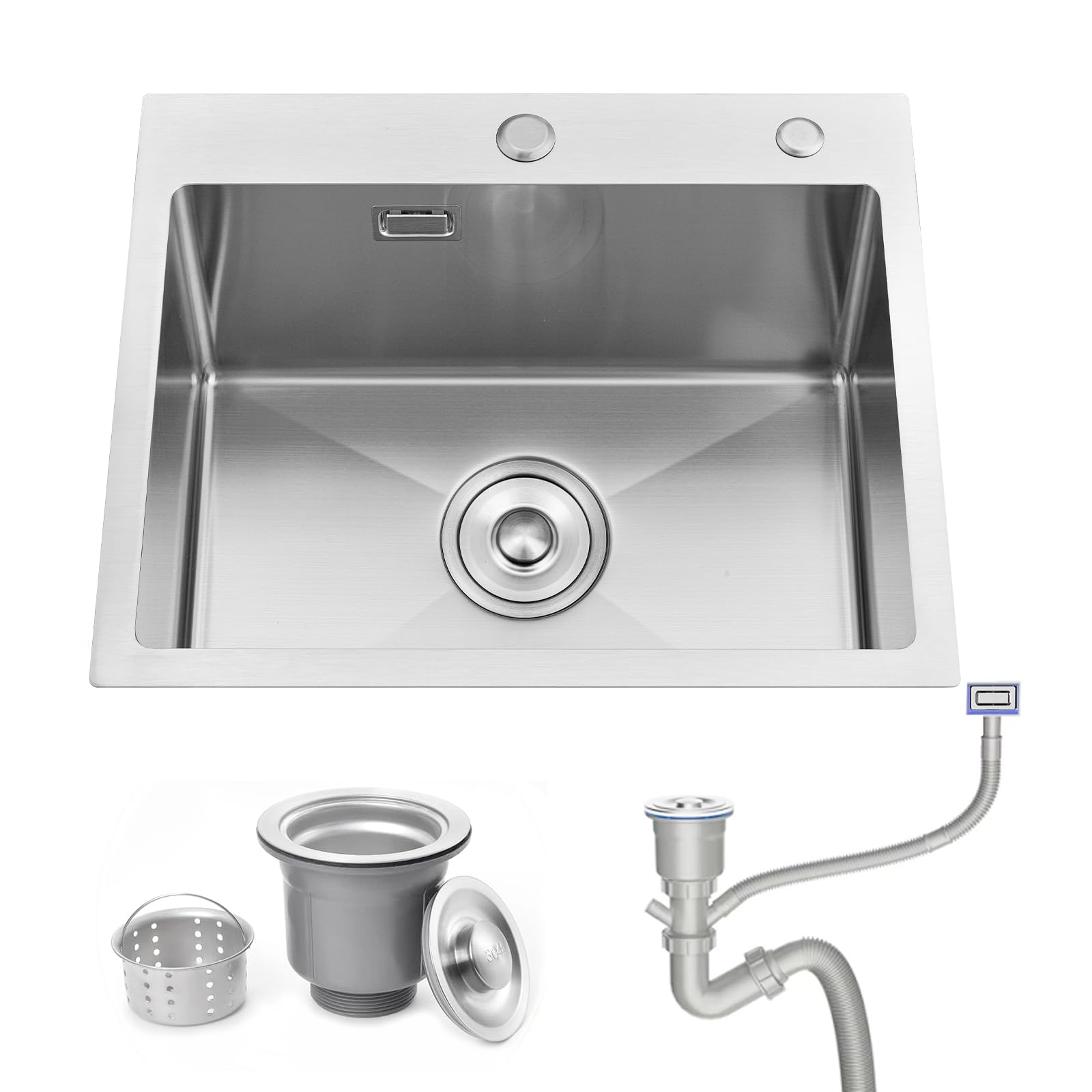 Kitchen Sink, 50x45 cm Drop in Topmount Stainless Steel Small Campervan Sink,Deep Brushed Nickel Single Bowl with 2 Tap Holes and Siphon, for Small Kitchen, Bar, Restaurant